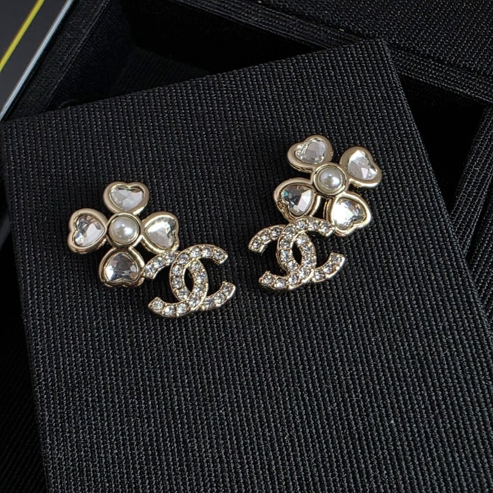 Auth CHANEL Gold Crystal Clover & CC Logo Stud Pierced Earrings